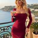 BORIFLORS Women's Sexy Ruched Bodycon Mini Dress Mesh Long Sleeve Club Party Short Dresses (Red) XS