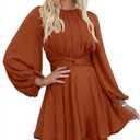 MITILLY Women's Elegant Satin Long Sleeve Round Neck Wrap Tie Waist Flowy Cocktail Party Mini Dress, M