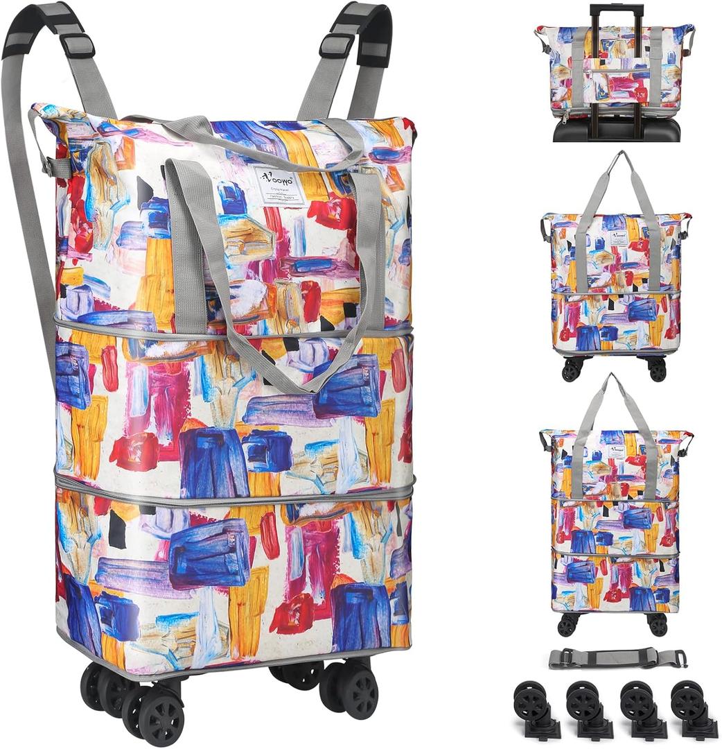 VOOWO Duffel Bag with Wheels - Rolling Foldable Expandable Duffle Bag with Wheels for Travel, Rolling Luggage Carry On Bag with Wheels, Large Rolling Backpack Weekend Bags for Men Women (Gray)