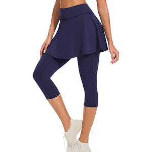 WOWENY Women Tennis Skirted Leggings with Pockets Athletic Ruffle Skirt with Leggings Golf Skort Pickleball Clothing (Medium, Navy)