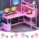 Aheaplus L Shaped Gaming Desk with Power Outlets & LED Lights, Small L- Shaped Desk Computer Corner Desk with Monitor Stand & Storage Shelf, Home Office Desk Writing Desk with Storage Bag, Pink