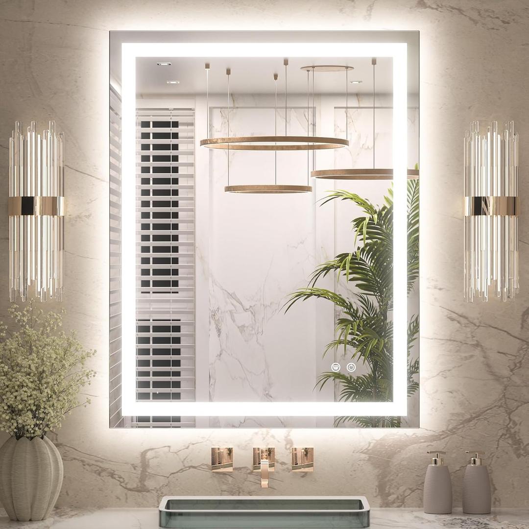 LED Bathroom Mirror 28 x 36 Inch, Frontlit & Backlit Vanity Mirror with 3 Color Lights, Lighted Mirror for Bathroom Wall with Anti-Fog, HD Tempered Glass, UL-Listed LED Driver, CRI90+