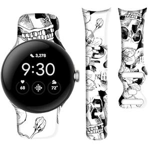 OZLNKPJL Compatible with Pixel Watch 3 41mm,Pixel Watch 2/1 Band for Women Men,Soft Silicone Sport Adjustable Replacement Strap for Pixel Watch 3/2/1 Accessories,Cool Skull Flower