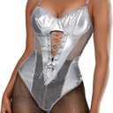 Kaei&Shi Rave Outfits Bodysuit Tops, Fishnet Corset Body Suit, Sexy Lingerie For Women, Faux Leather Festival Goth (12-14, Silver)