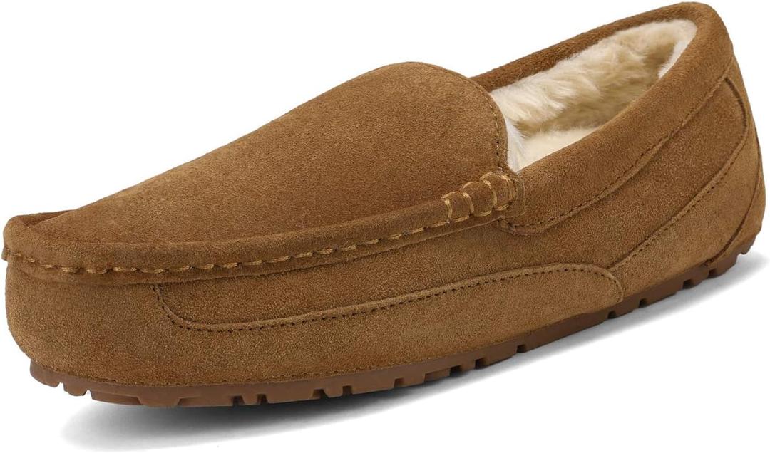 DREAM PAIRS Men's House Slippers Moccasin Indoor Outdoor Fuzzy Furry Loafers Suede Leather Warm Comfortable Shoes (12, Tan)
