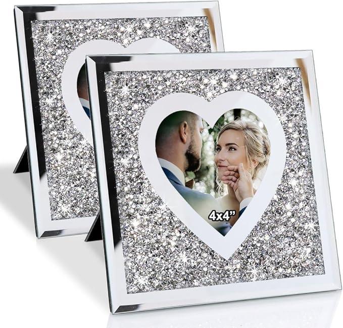 VOHJD Diamond Mirror Photo Frame For Photograph 4x4 inch Heart Shaped, Silver Crushed Diamond Glass Picture Frame, Decorative Frames, Tabletop Stand & Wall Hang Display, bling Home Decor