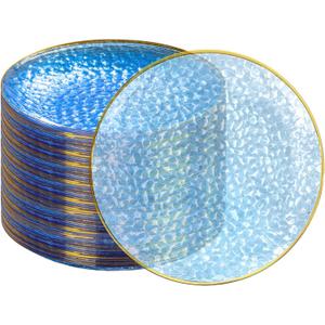 DaYammi 100 Pcs Clear Blue Gold Plastic Plates, Clear Hammered Plastic Plates, Blue Party Platos, Disposable Salad/Dessert Platos, 7-Inch Disposable Dessert/Appetizer Platos Perfect For Party