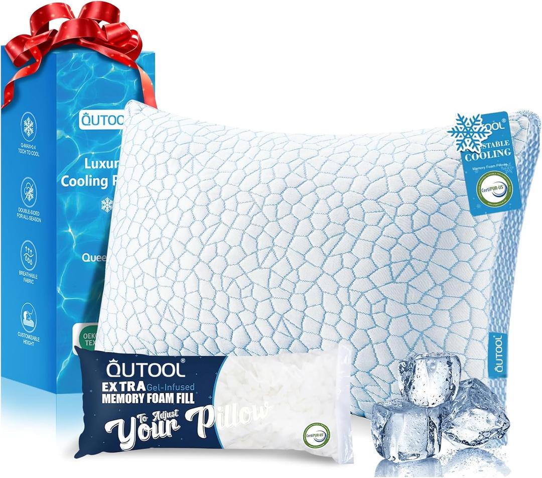 QUTOOL Enhanced Cooling Gel Pillow Queen Size 1 Pack, CertiPUR-US Shredded Memory Foam Pillows for Hot Sleepers, Support Yet Soft Adjustable Bed Pillow for Side, Back, Stomach Sleepers, Home Gifts (Blue-ice Plus)