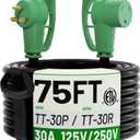 POWGRN NEMA TT-30P to NEMA TT-30R 75 FT 30 Amp RV Extension Cord Outdoor with Grip Handle, Flexible Heavy Duty 10/3 Gauge STW 3 Prong RV Power Cord Waterproof, 30A 125V 3750W, Black-Green, ETL Listed