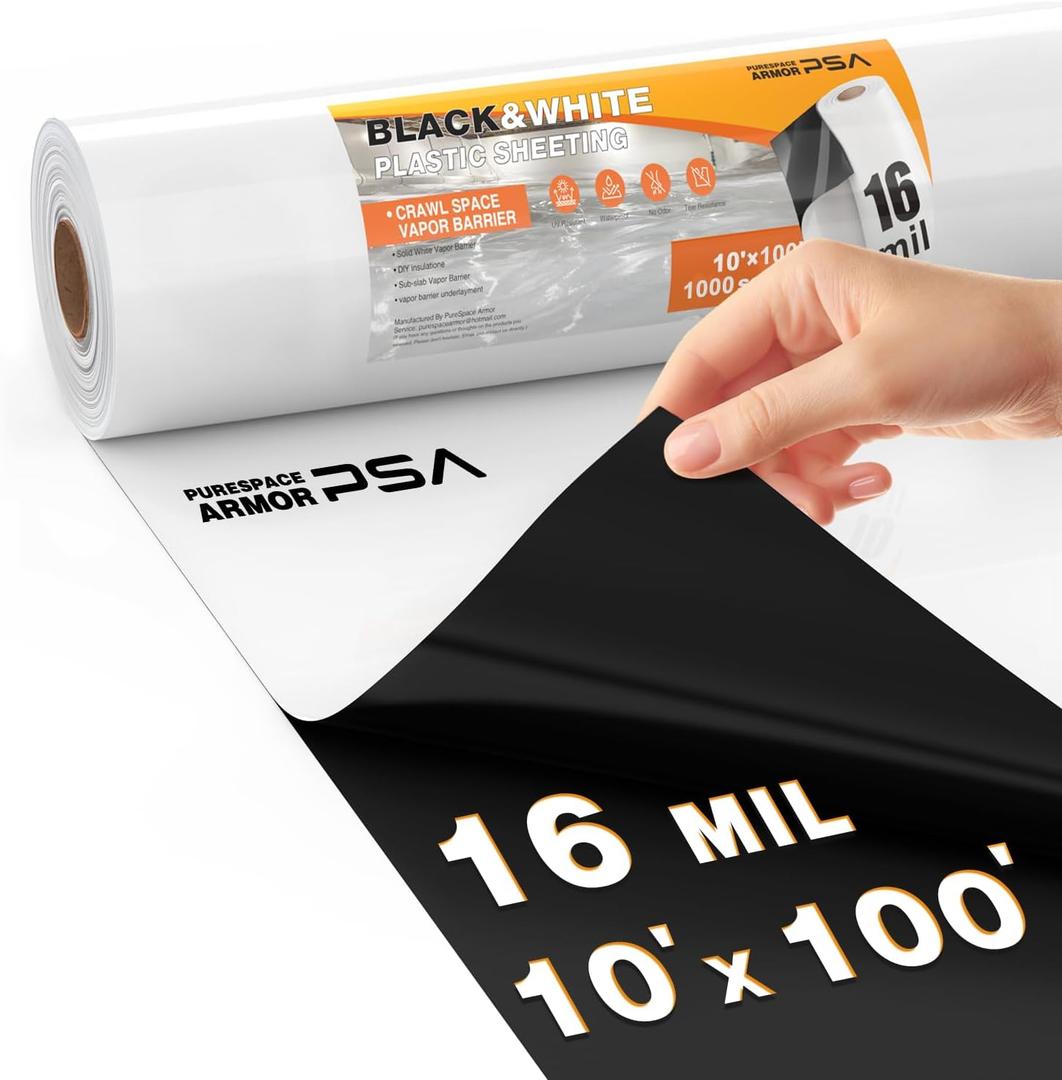 Crawl Space Vapor Barrier, 16 Mil Vapor Barriers, 10' x 100', Drop Cloth Vapor Barrier Covering for Crawl Space Encapsulation, Heavy Duty Polyethylene Plastic Sheeting, Black and White Panda Film