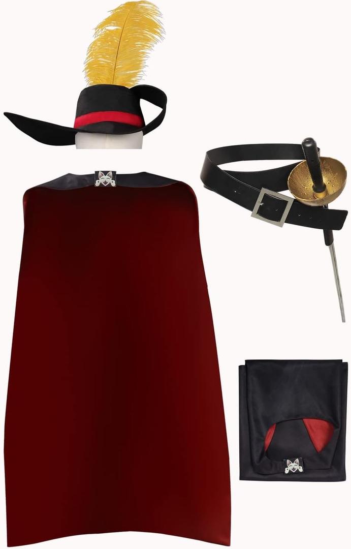Kids Cosplay Sword Cape Costume Cat Hat in Boots Outfit Leather Belt Full Set Accessories, Size 100