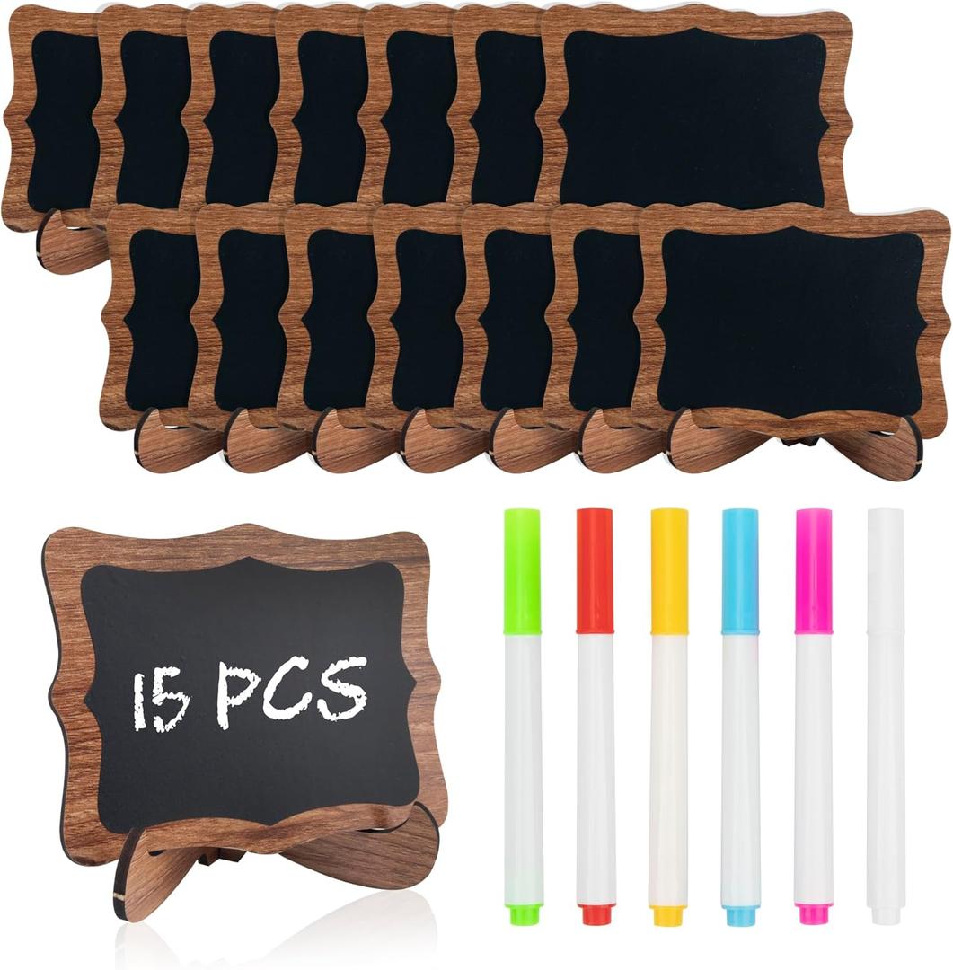 Temlum 15 Pcs Mini Chalkboard Sign with 6 Color Chalk Markers, 2.9 x 3.9 Wooden Blackboard Reusable Small Chalkboards for Food, Buffet, Parties, Message Boards, Table Numbers (Wavy Shaped)