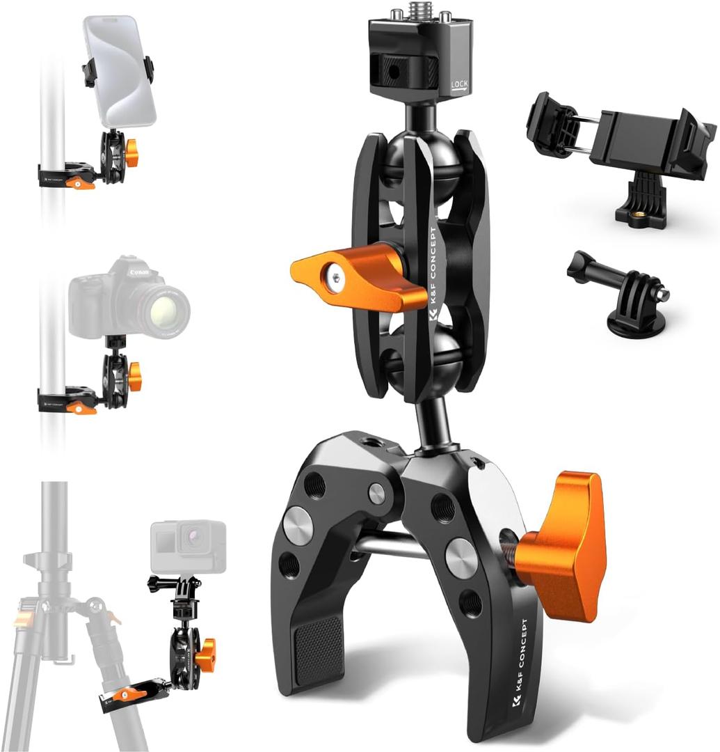 K&F CONCEPT Camera Clamp Mount, Super Clamp Mount Magic Arm with Two 360 Ball Heads, ARRI 1/4" Screw Threads for DSLRs, Action Camera, Tripod, Phone Compatible with Gopro/DJI/Insta360