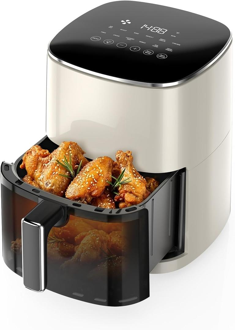 OLIXIS 12-in-1 Air Fryer 6.34 Quarts, Visable Airfryer with Window, 400F, Roast, Reheat, Dehydrate, Bake, Steam, Fries, Custard, Chicken, Wings, Sea Food, Vegetabels, Pearl White, 10.5"D x 12.9"W x 13.6"H
