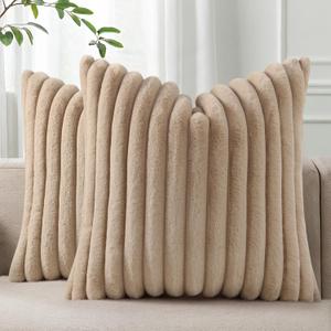 Pallene Faux Fur Plush Throw Pillow Covers 20x20 Set of 2, Luxury Soft Fluffy Striped Decorative Pillow Covers for Sofa, Couch, Living Room, Khaki