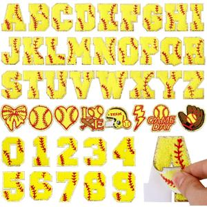 44 Pcs Softball Patches Self Adhesive Chenille Letter Patches Embroidered Game Day Sports Patch,Includes 26 A-Z Softball Letters,10 Number Patch,8 Helmet Glove Bowknot Stickers for Backpacks
