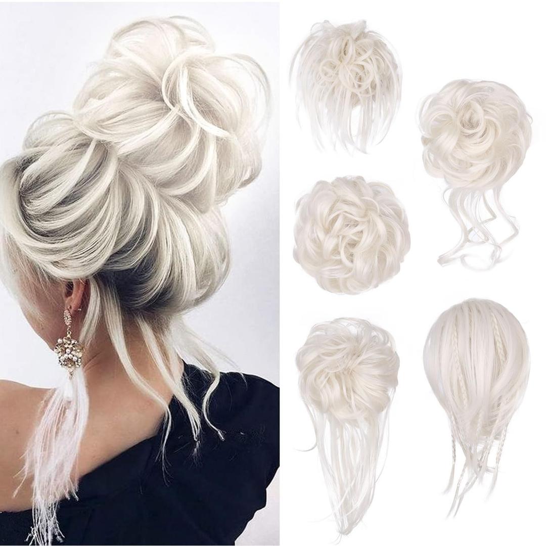 5 PCS Messy Bun Hair Piece for Women Scrunchies Ponytail Extension with Elastic Rubber Band Hair Pieces for Updos Fake Hair Buns Hair Piece Accessories Set for Women (White Blonde)