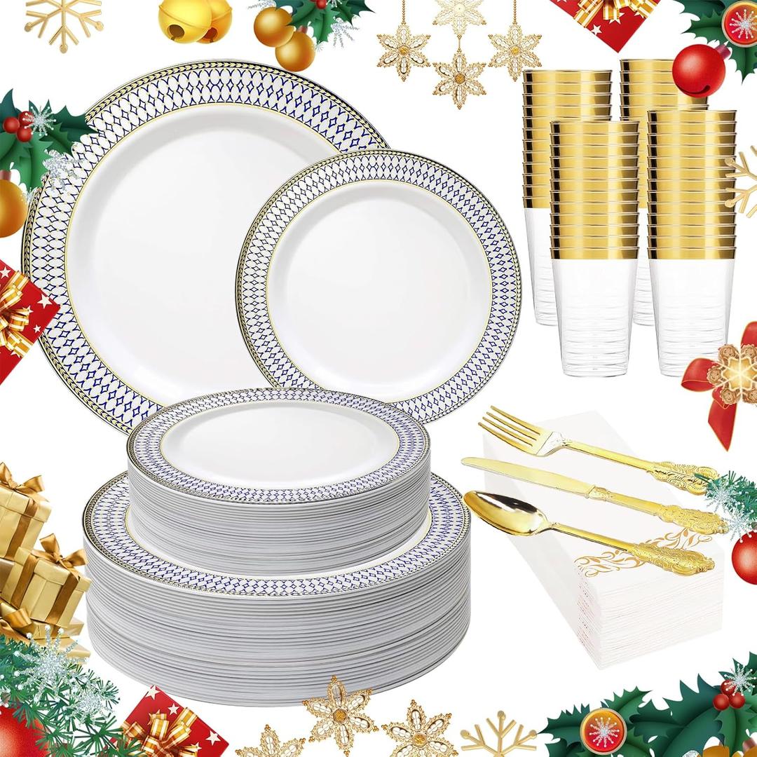 MENDENG 350pcs Plastic Plates for Party Plates Disposable Heavy Duty Platos Desechables Elegantes for Wedding Reception Thanksgiving Christmas Plates and Cups and Napkins and Gold Cutlery Sets
