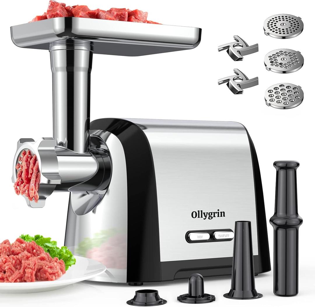 Meat Grinder Electric Sausage Stuffer, Stainless Steel, Heavy Duty Meat Grinder Maker With 2 Blades, 3 Cutting Plates, Sausage Stuffer Tube & Kubbe Kit (MG088-01)
