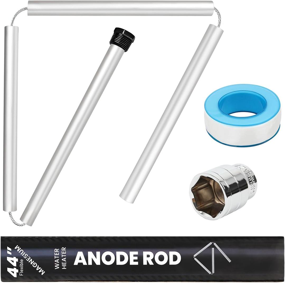 Flexible Magnesium Water Heater Anode Rod- Magnesium Anode Rod for Reliance, Rheem, Richmond, Kenmore, GE, 44 Inch Long, 0.8 Inch Diameter, 3/4 Npt Thread, 1-1/16 Inch Hex Socket Tool and Teflon Tape