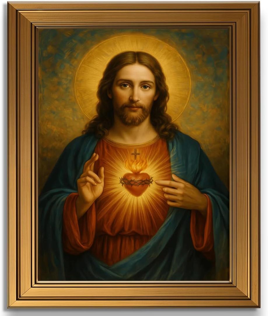 Golden Framed Sacred Heart of Jesus Wall Art Christian Canvas Painting Religious Catholic Picture Jesus Christ Posters Prints Prayer Room Spiritual Home Decor for Bedroom Living Room 16x24 Inch