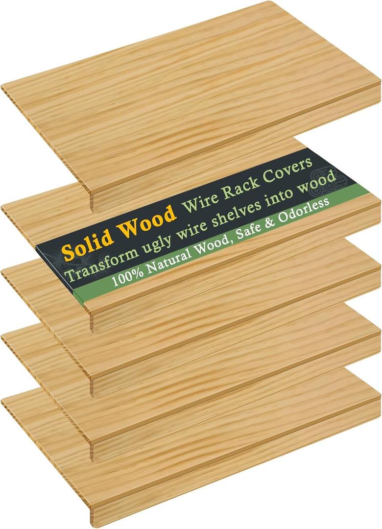Solid Wood Shelf Covers for Wire Shelving, Wire Rack Covers for Pantry Shelves, Tool-Free & Snap-On (5pcs, 30" W x 12" D)