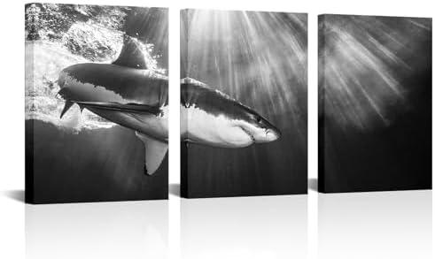 KLVOS 3 Piece Nautical Wall Art Shark Under The Sea Picture Canvas Painting Ocean Animal Canvas Print Black White Contemporary Artwork for Home Boys Bedroom Decoration Office Bathroom Wall Decor