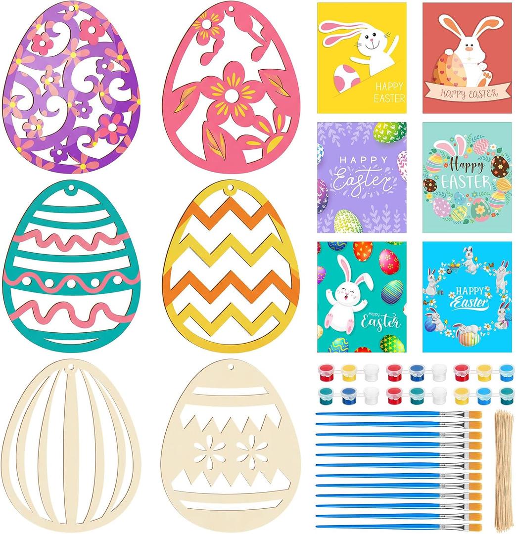 Chumia 60 Pcs Spring Wooden Ornament Craft Kit to Paint Unfinished Wooden Egg Hanging Decorations 12 Wood Cutout DIY Ornament, 12 Drawing Brush, 12 Paints, 12 Gift Card, 12 Rope for Spring Party Favor