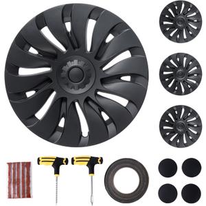Tesla Model Y Wheel Covers 19 Inch 2020-2024 Uberturbine Tesla Model Y Uberturbine Hubcaps Left-Right Aero Symmetry, Matte Black, Wind Drag Reduction Model Y Accessories with Tire Repair Kit (4 Pack)