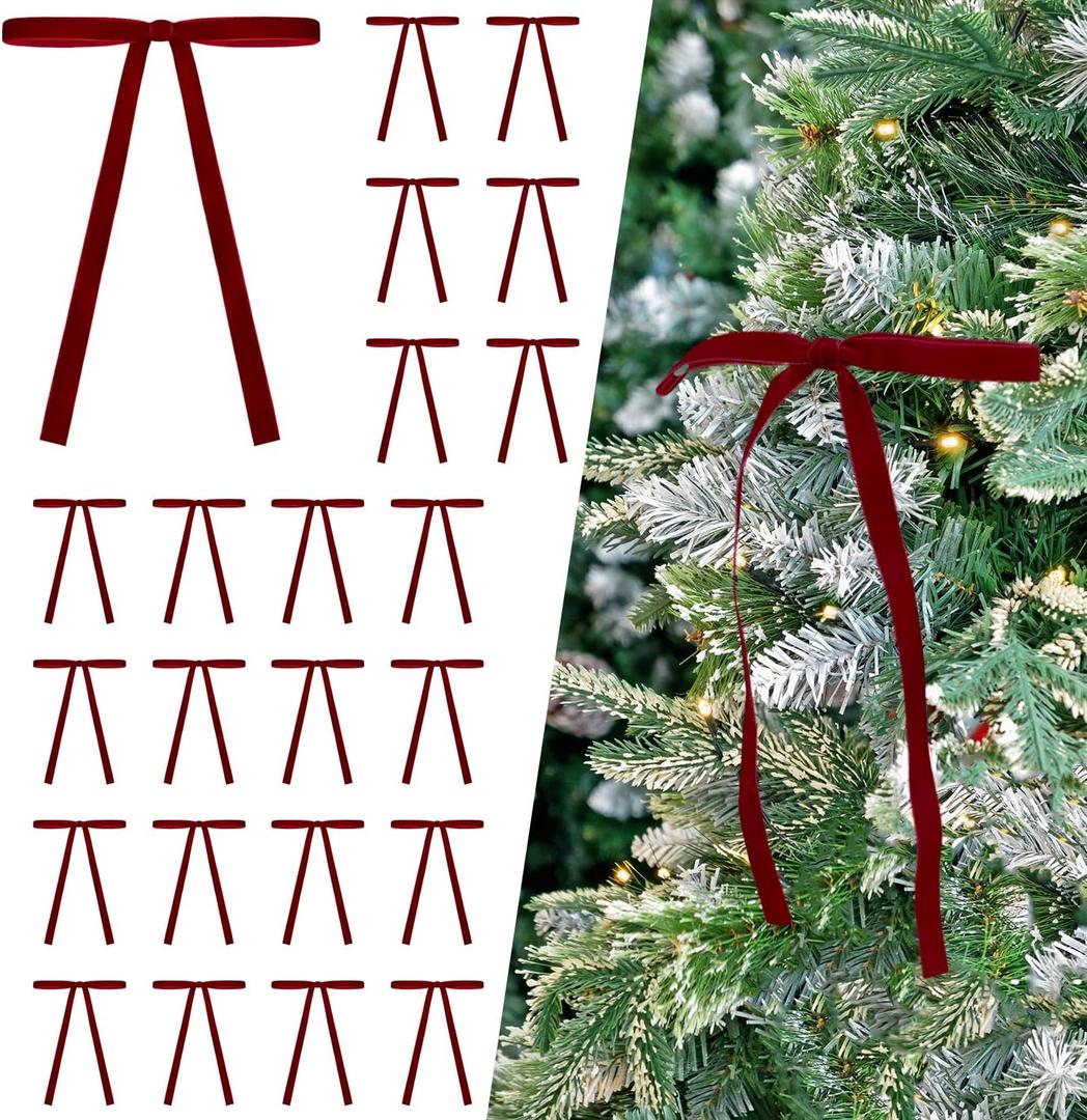 24 Pcs Burgundy/Wine Dark Red Velvet Bows Ornaments for Christmas Tree, Vintage Velvet Christmas Bows Tree Decorations, Indoor Home Decor for Wreath Mantle Gift Wrap Holiday Decor, 3/8'' W, 5 * 7 inch
