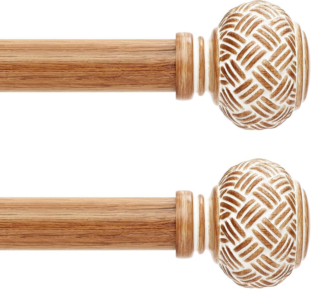 2 Pack Wood Curtain Rods for Windows 28 to 48 Inches, Decorative 1'' Diameter Heavy Duty Adjustable Rustic Farmhouse Drapery Pole with Boho Imitation Wooden Grain Finials, Size: 30''-60'', Brown