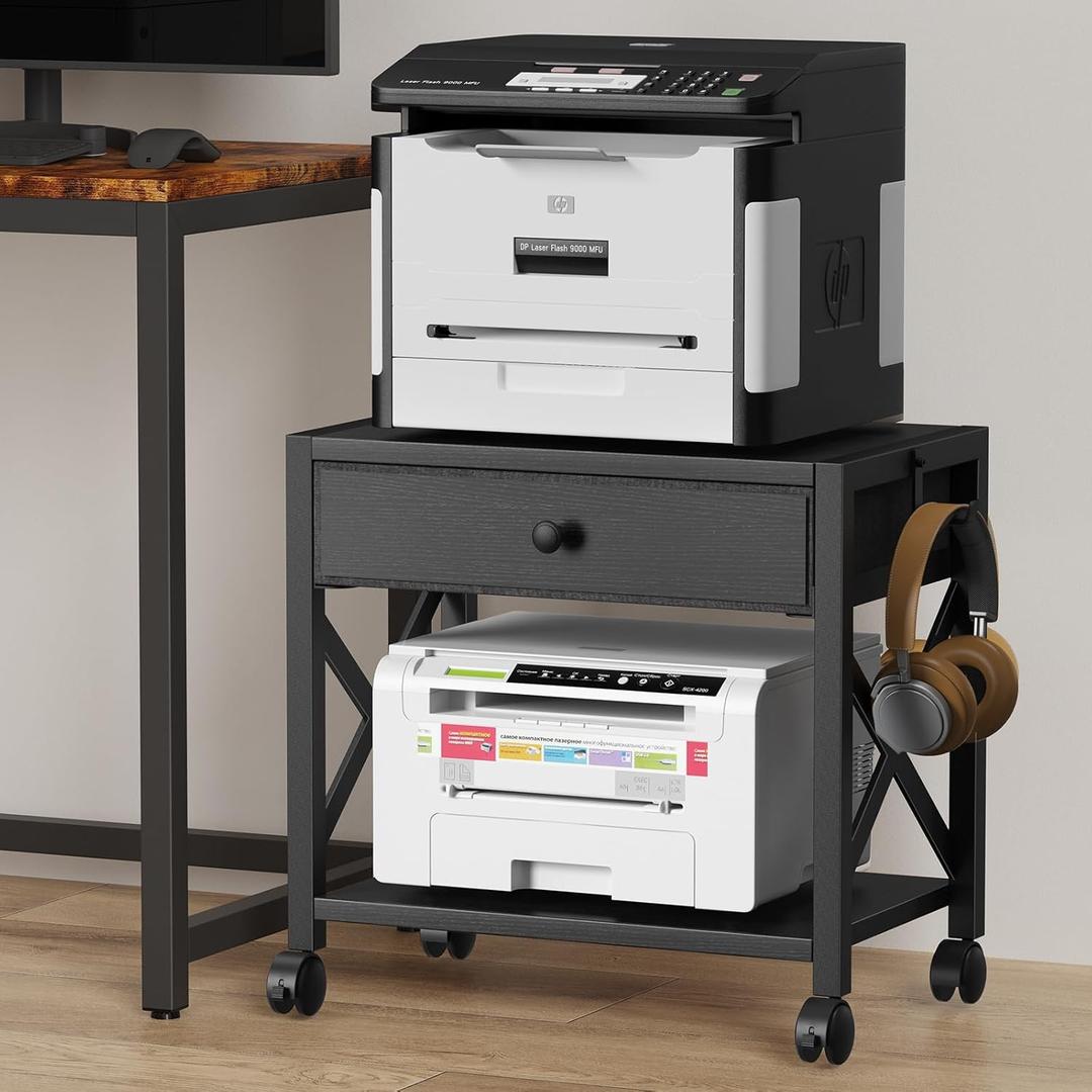 EasyCom 2-Tier Desktop Printer Stand with Large Drawer, Under Desk Storage with Wheels, Small Shelf with Storage for Paper Storage Printer Scanner Fax Home Office Use Black (Medium)