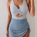 B2prity Women Mesh One Piece Swimdress Swimsuit Tummy Control V Neck Cutout Bathing Suit Wrap Drawstring Sarong Swimwear (Blue, S)