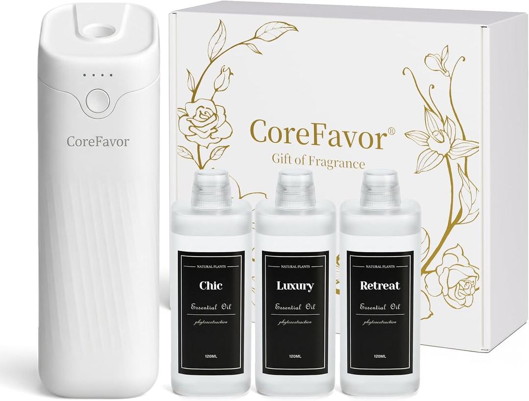 Waterless Essential Oil Diffuser (M60) with 3x120ml Oil, Rechargeable Portable Battery-Operated Cold Air Aroma Scent Machine, 4 Adjustable Intensity Levels, Quiet Diffuser for Home Car
