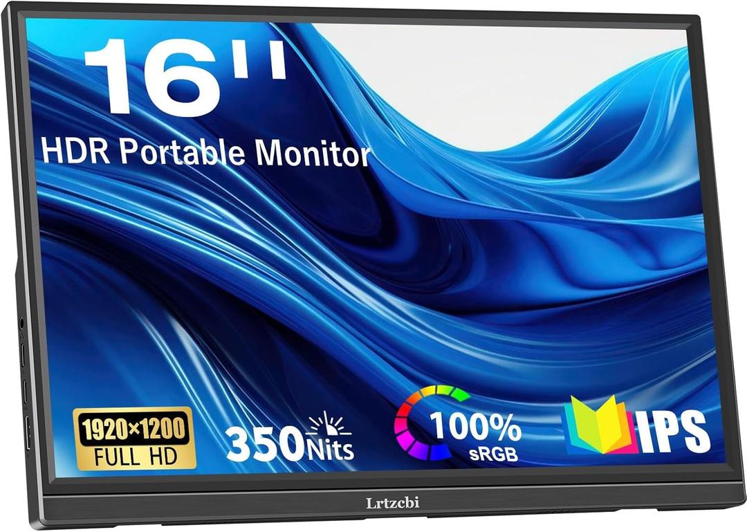 Portable Monitor 16 Inch HDR 1920x1200P USB C HDMI Ultra-Slim IPS External Display, Travel Monitor for Laptop PC Phone Mac Xbox PS4, Speakers & Stand