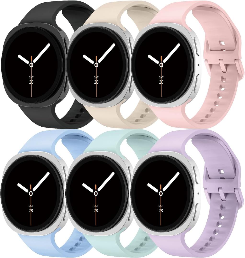 Sport Bands Compatible with Samsung Galaxy Watch 8 Band 40mm 44mm/8 Classic 46mm Women Men,Soft Silicone Replacement Strap Waterproof Wristband for Samsung Galaxy Watch 8 Classic Bands 46 mm,6 Pack (02-Black/Mint Green/Pink/Lavender/Starlight/Light Blue)
