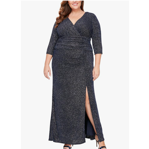 S.L. Fashions Women's Long Metallic Side Ruched Dress with Slit (Plus Size)