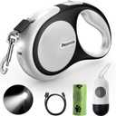 Retractable Dog Leash with LED Flashlight, Douexio Upgrade 3 in 1 Dog Leash Retractable for Small Medium Dogs Up to 66 lbs, 16ft, Anti-Slip Handle (Black-White)