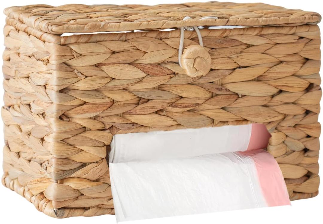 HYVAKUPPA Wicker Trash Bag Holder Dispenser for 13 Gallon with Lid Wall Mount Natural Water Hyacinth Handwoven Garbage Plastic Bags Holder Grocery Storage Organizer Under for Kitchen, Small