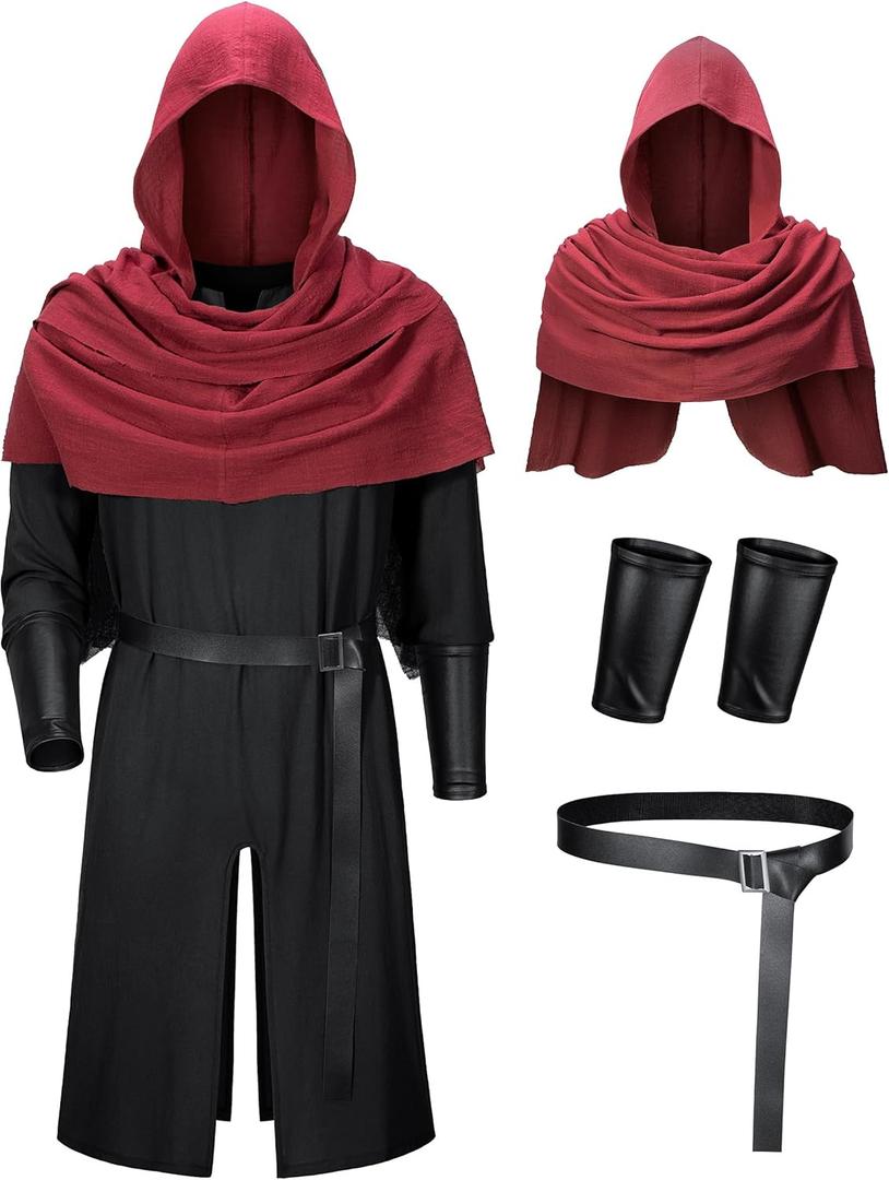 TOKYO REVENGERS Men Medieval Renaissance Pirate Costume Knight Cosplay Outfit LARP Costume Accessories Set (XX-Large, Black-wine Red)