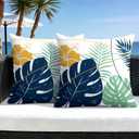 OTOSTAR Outdoor Waterproof Throw Pillow Covers 18x18 Inch Set of 2 Double-Sided Dark Blue Yellow Tropical Leaf and Flower Spring Summer Decorative Pillow Cases for Patio Funiture Garden Balcony Couch