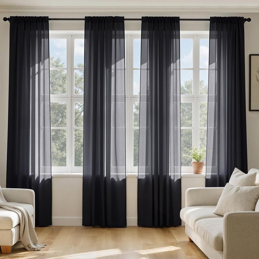 MIULEE Black Sheer Curtains 96 Inches Long, 4 Panels Set, Light Filtering Halloween Rod Pocket Voile Drapes for Living Room and Bedroom, Airy Soft Fabric Window Treatments, 42 x 96 Inches