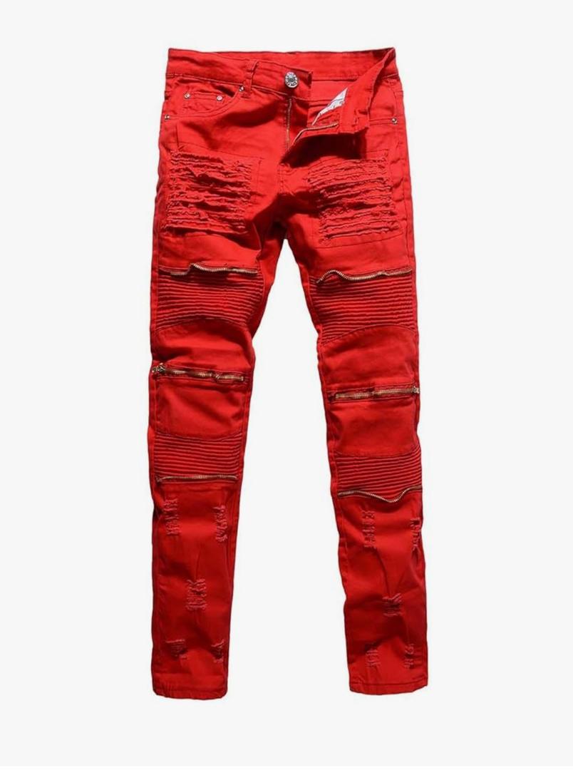 Rexcyril Men's Moto Biker Jeans Distressed Ripped Skinny Slim Fit Denim Pants with Zippers Size 30, Red