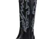 IDIFU IN2 Cowboy Boots For Women Cowgirl Knee High Western Tall Boots Chunky Low Pointed Toe Heel Boots Fashion Booties for Women Embroidered Wedding Country Concert Boots (7, Black)