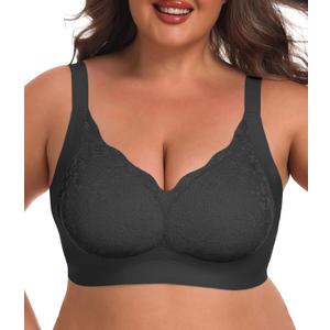 OLRIK Plus Size Lace Bralette Wireless Full Coverage No Underwire Back Smoothing Seamless Breathable Everyday Bras with Stretch Lace Black-2XL