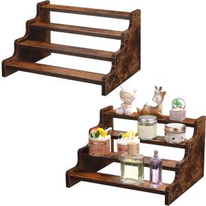 Namalu 2 Pcs 4 -Tier Vintage Spice Rack 13.8 Inch Wood Display Step Shelf Wood Riser Stand Display Shelf, Countertop Spice Storage Holder Rustic Tiered Perfume and Organizer Stand for Candles