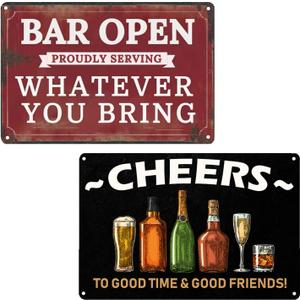 VSIIKO Bar Open and Cheers Funny Metal Tin Sign Home Bar Signs for Man Cave Coffee Small Vintage Wall Decor for Men 8x12 Inch2pcs