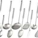 18/10 Stainless Steel Kitchen Utensils Set - 15 All Metal Cooking Tools, 11PCS - 2 Tongs, Fork, Solid Spoon, Slotted Spoon, Spatula, Soup Ladle, Skimmer, Slotted Spatula, Spaghetti Spoon, Large Spoon