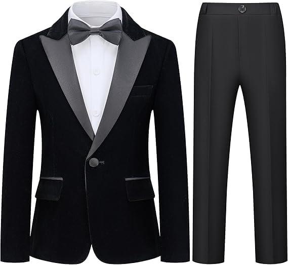 Boys Velvet Suits 2 Pieces Tuxedo Kids Blazer Jacket Pants Formal Ring Bearer Outfit for Wedding Party Prom (Black, 12 Years)