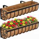 VOXOR Railing Planter Boxes, 24 Inch Window Boxes Planters, Balcony Planters with Adjustable Brackets & Coco Liner & Support Rod for Outdoor Fence, Deck, Porch, and Patio Gardening, 2 Pack